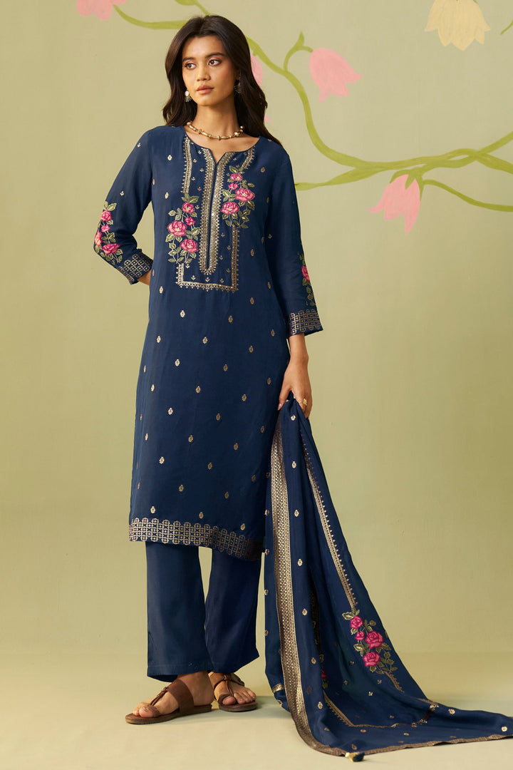 Navy Blue Embroidery, Banaras and Beads work Straight Cut Salwar Suit