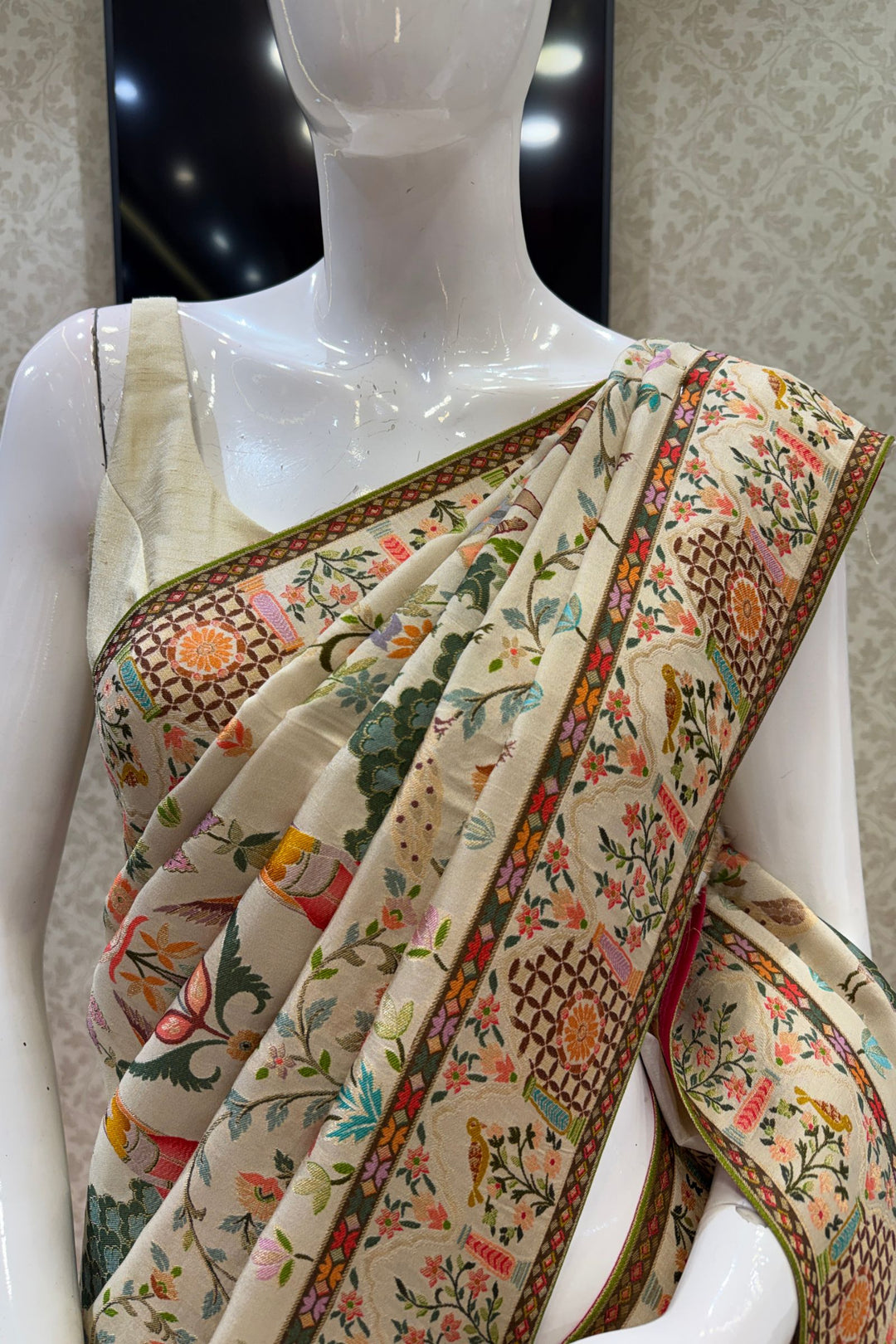 Cream Saree with Traditional Kalamkari Prints with Banaras work