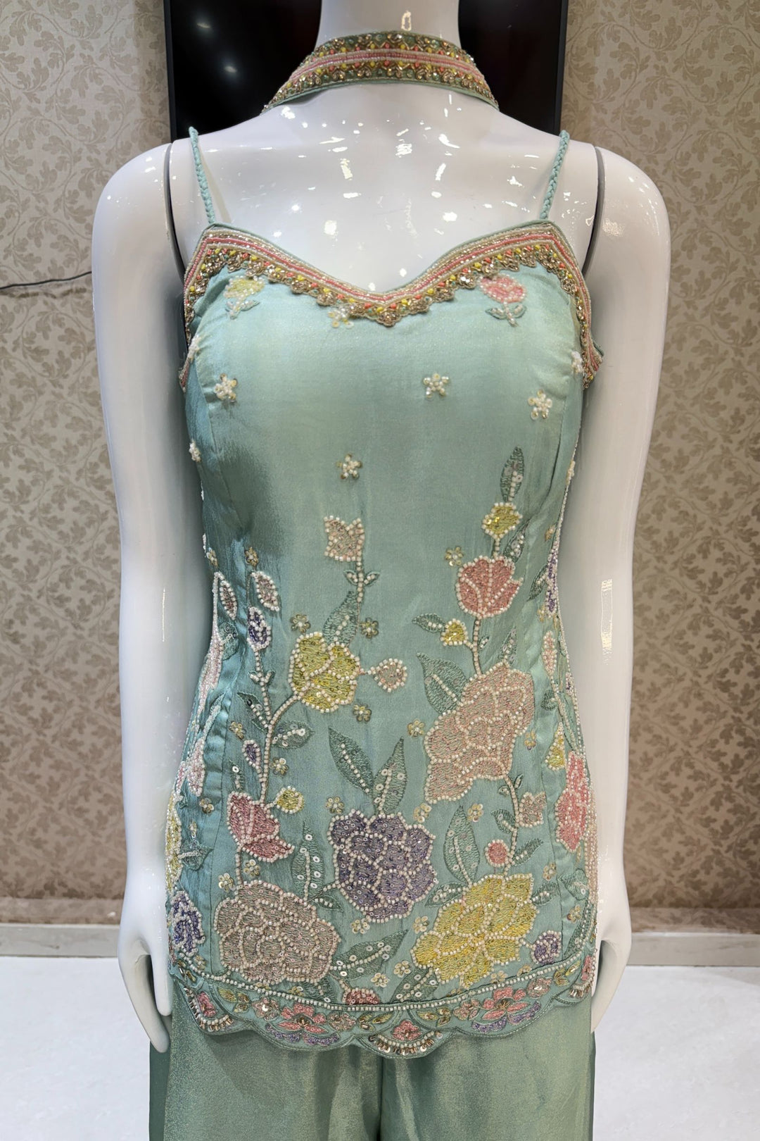 Sea Green Multicolor Thread, Stone, Zardozi, Sequins and Beads work Palazzo Salwar Suit