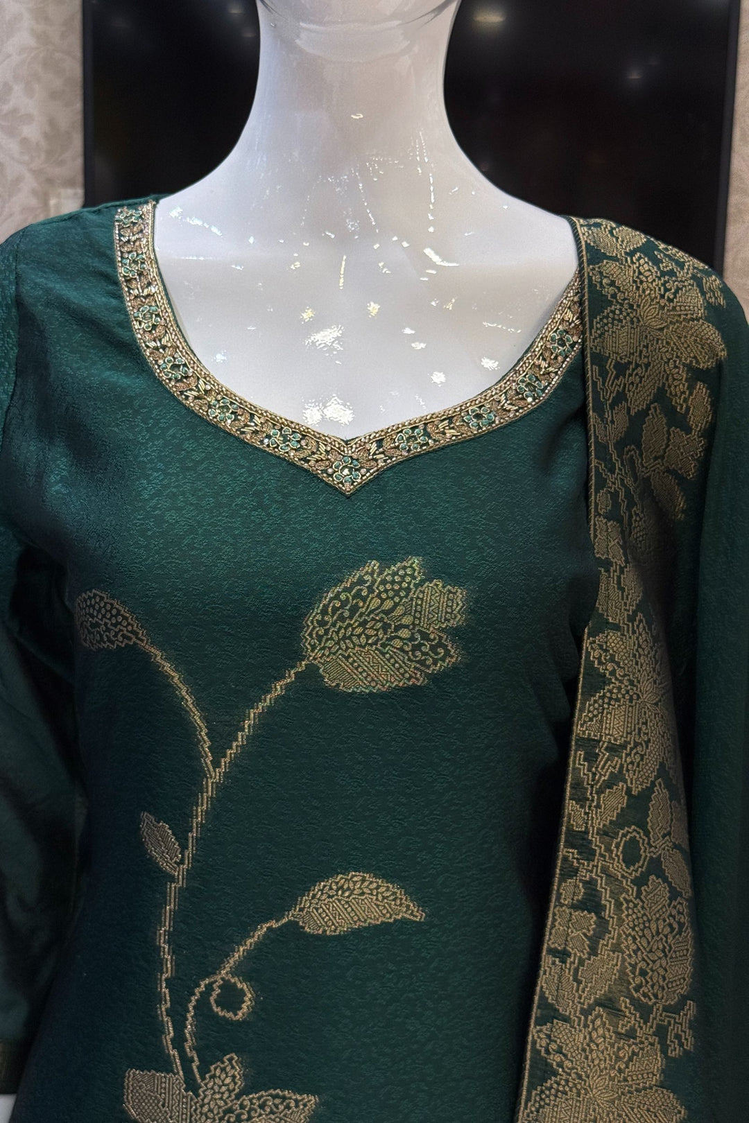 Green Banaras, Stone, Zardozi, SEquins, Beads and Zari work Straight Cut Salwar Suit