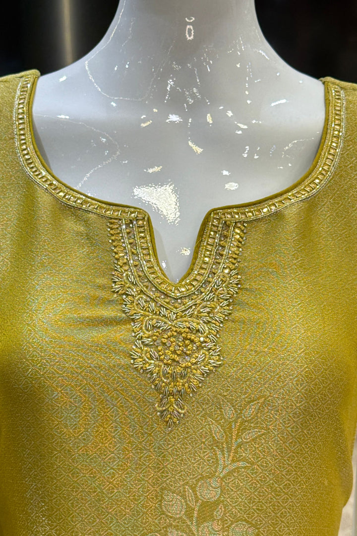 Liril Green Brocade, Zardozi, Beads, Thread, Stone and Zari work Straight Cut Salwar Suit