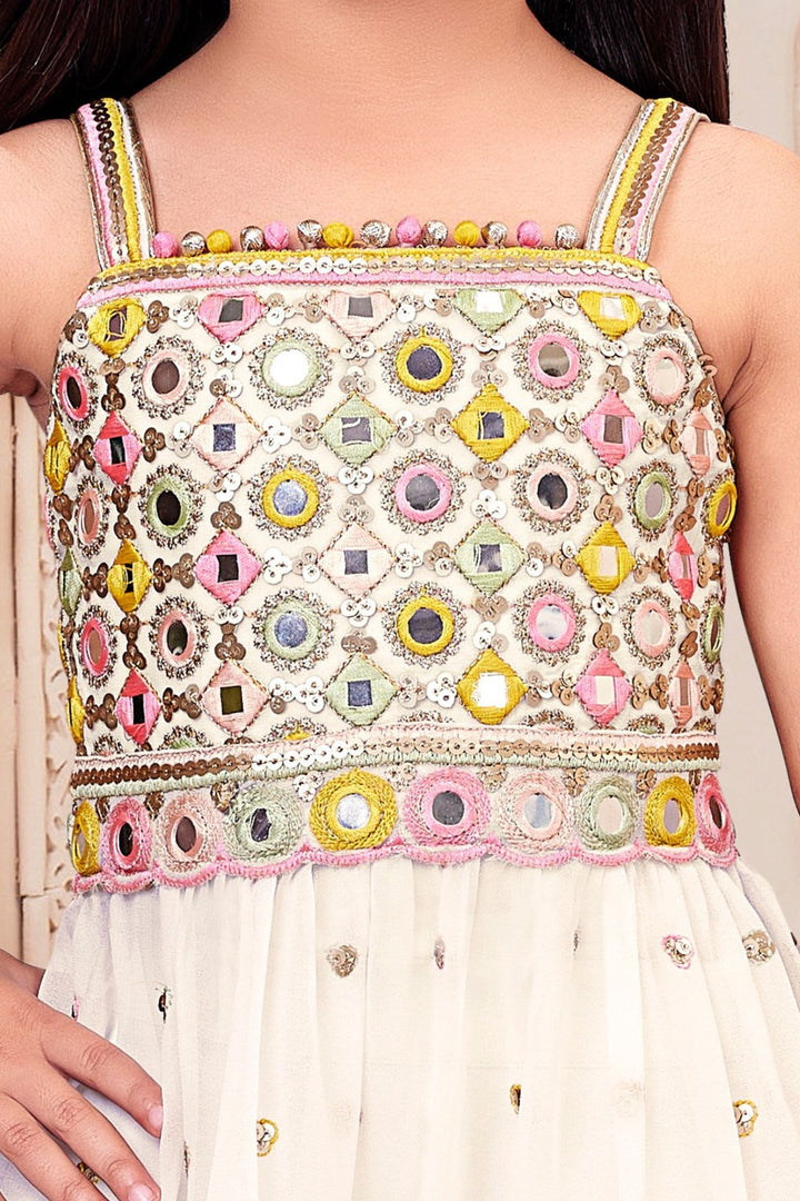 Cream Sequins, Zari and Multicolor Thread work Peplum Styled Palazzo Suit Set for Girls