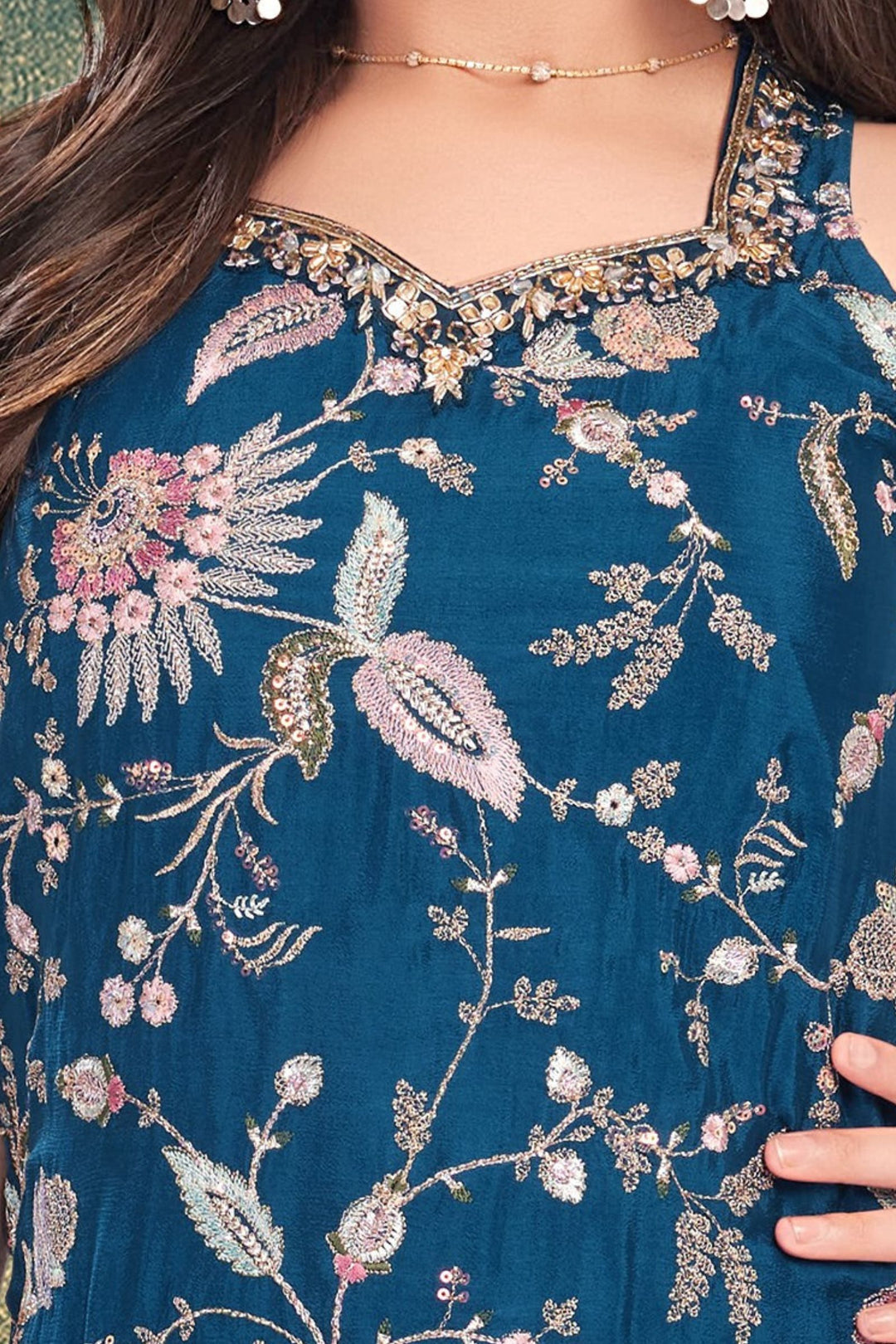 Peacock Blue Zari, Sequins, Beads, Embroidery and Mirror work Palazzo Suit Set for Girls