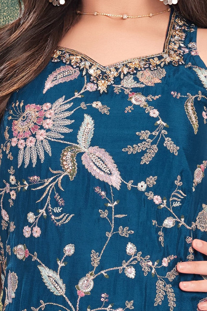 Peacock Blue Zari, Sequins, Beads, Embroidery and Mirror work Palazzo Suit Set for Girls