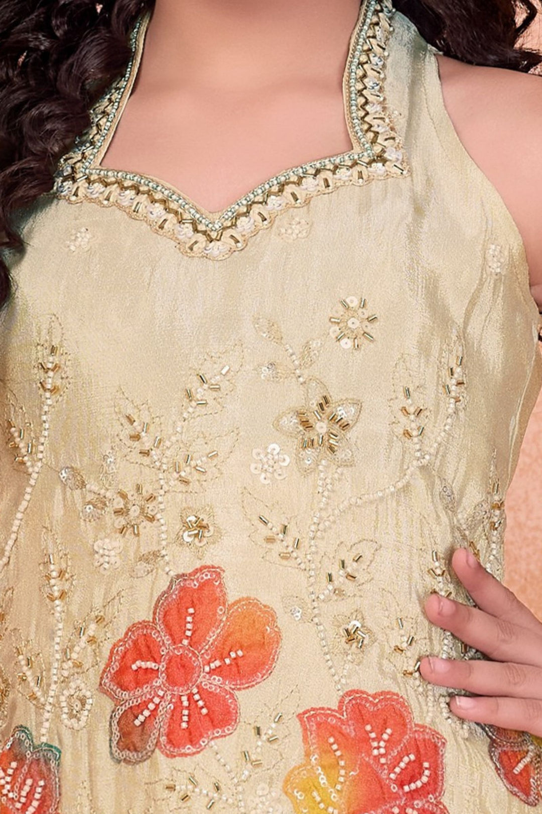 Cream Sequins, Beads and Zari work with Floral Print Palazzo Suit Set for Girls
