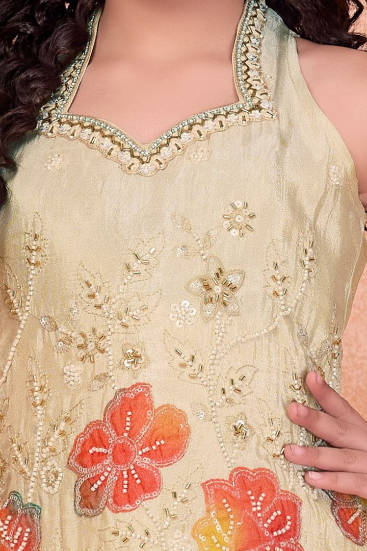 Cream Sequins, Beads and Zari work with Floral Print Palazzo Suit Set for Girls