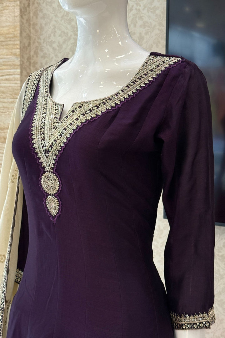 Dark Purple Sequins and Zari work A-line Cut Salwar Suit