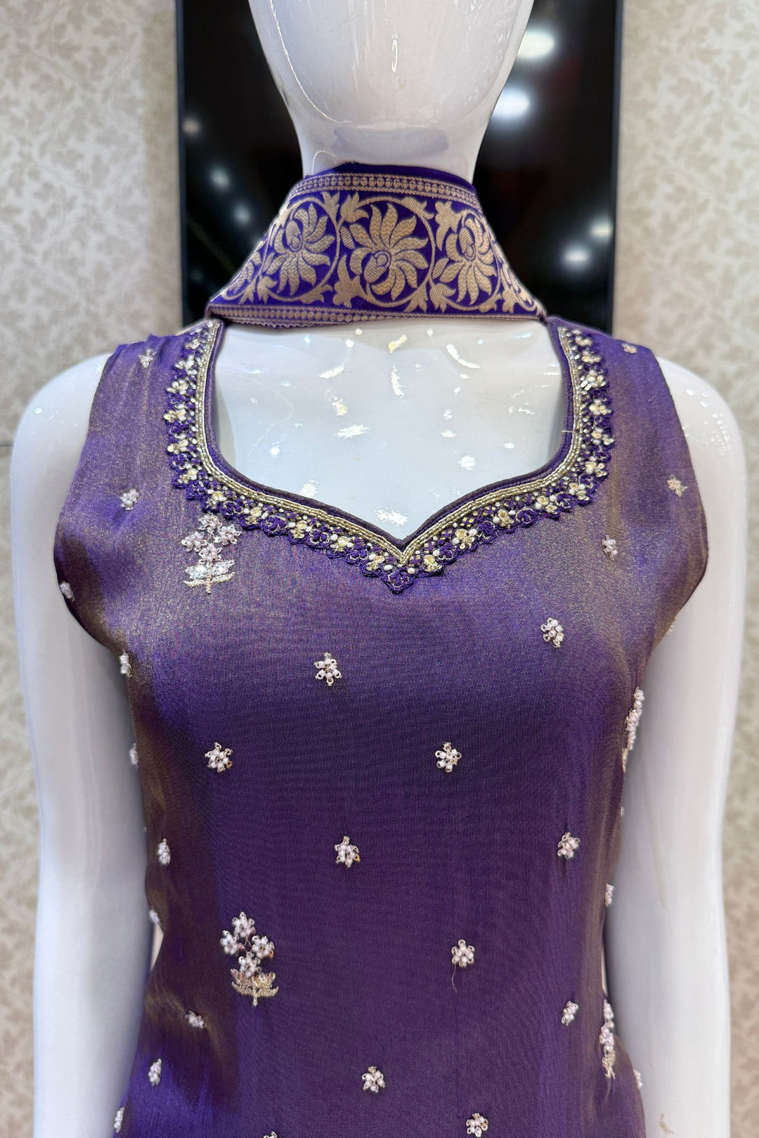 Purple Beads, Sequins, Zari and Mirror work Palazzo Salwar Suit