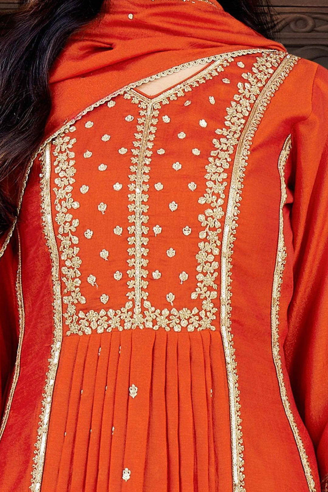 Orange Sequins, Zari and Beads work A-line Cut Salwar Suit