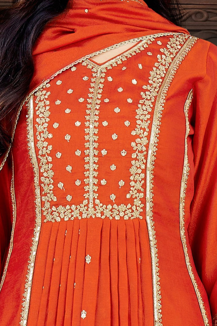 Orange Sequins, Zari and Beads work A-line Cut Salwar Suit