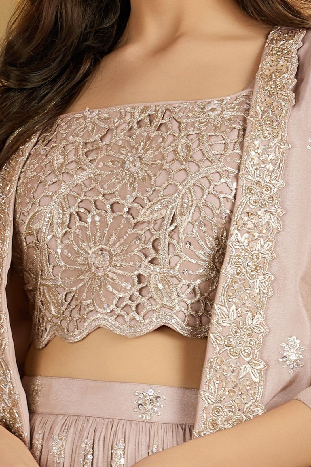 Beige Zari, Sequins, Stone and Beads work Jacket Styled Lehenga Choli for Girls