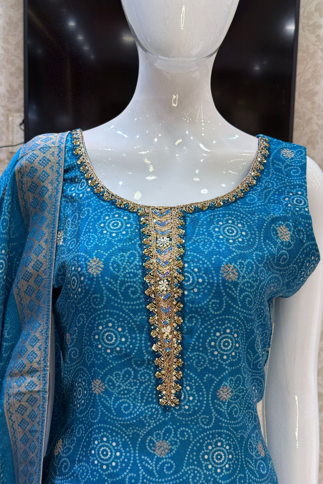 Rama Blue Zari Weaving and Banaras work with Bandini Print Straight Cut Salwar Suit