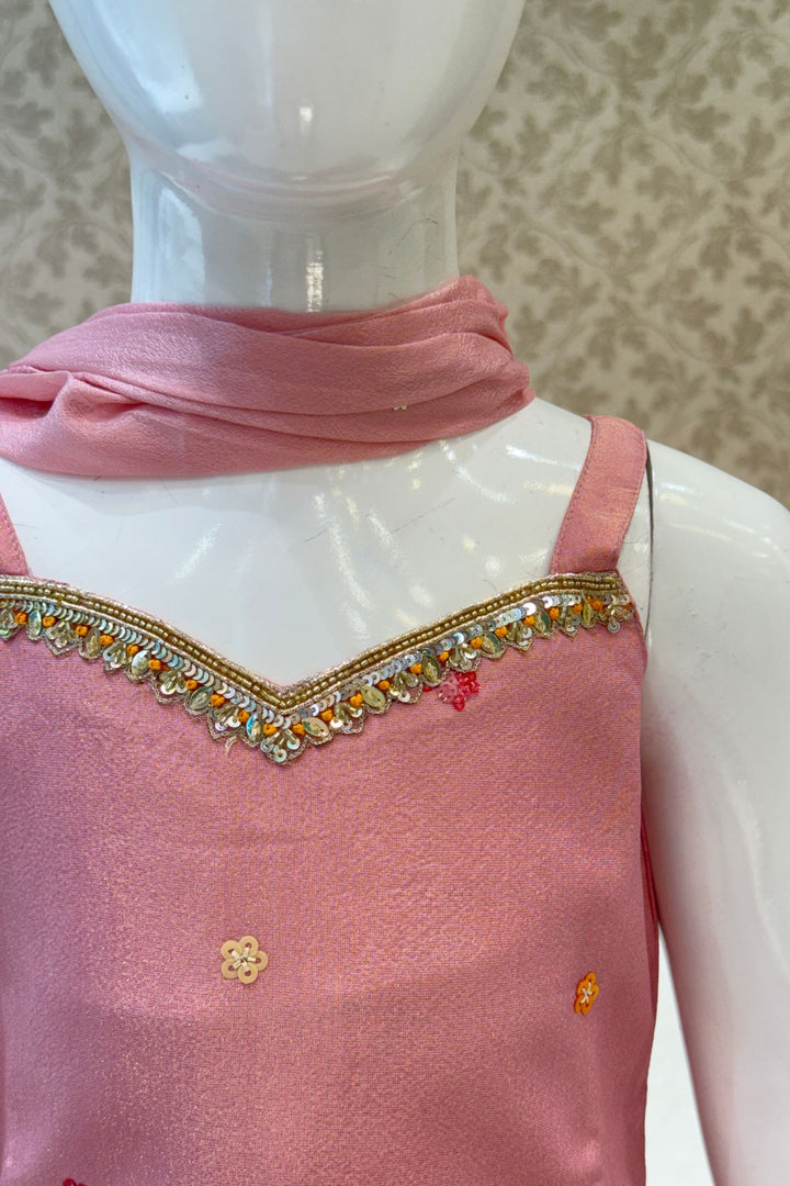 Onion Pink Sequins and Beads work Sharara Suit Set for Girls