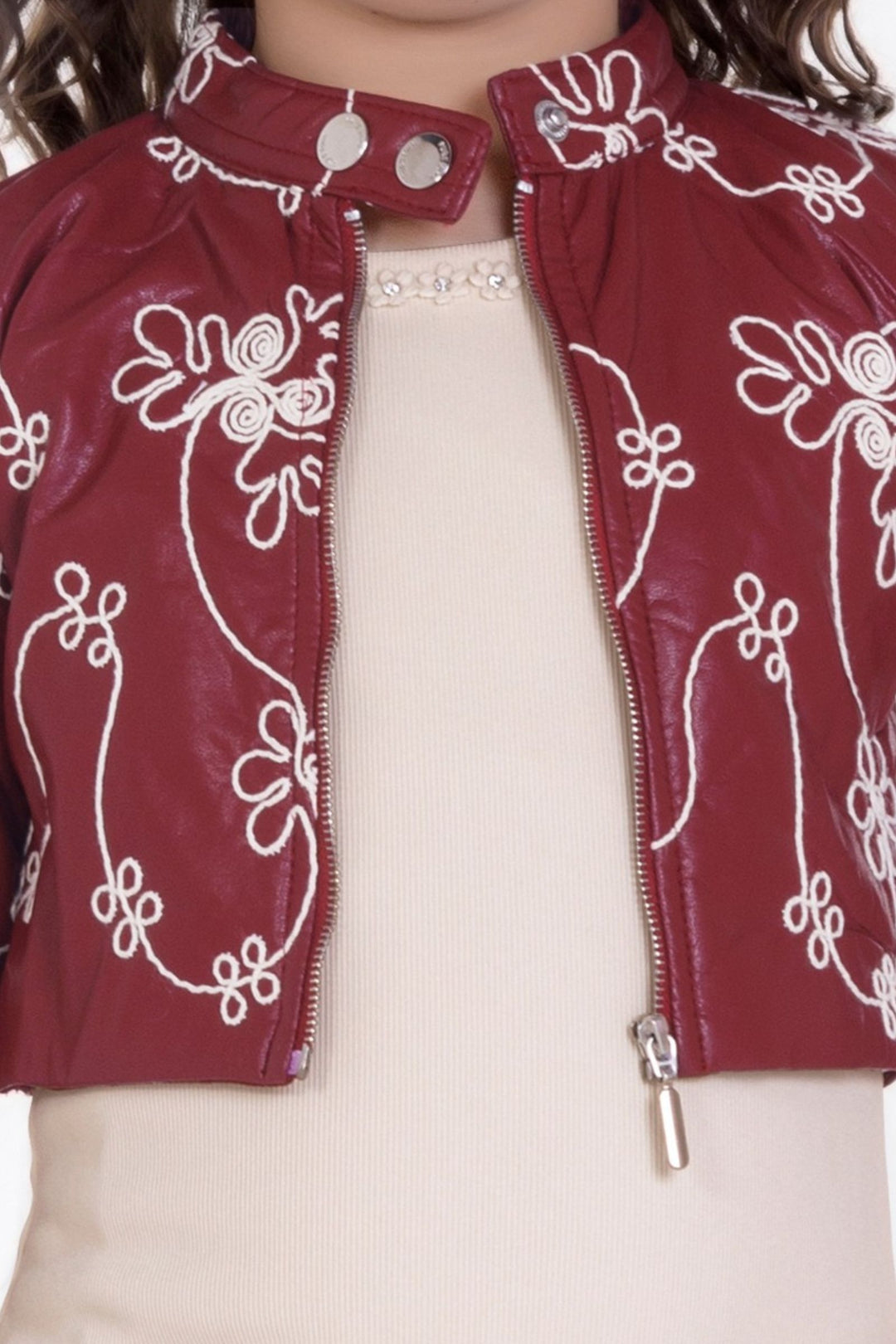 Maroon with Cream Thread work Jacket Styled Short Frock For Girls
