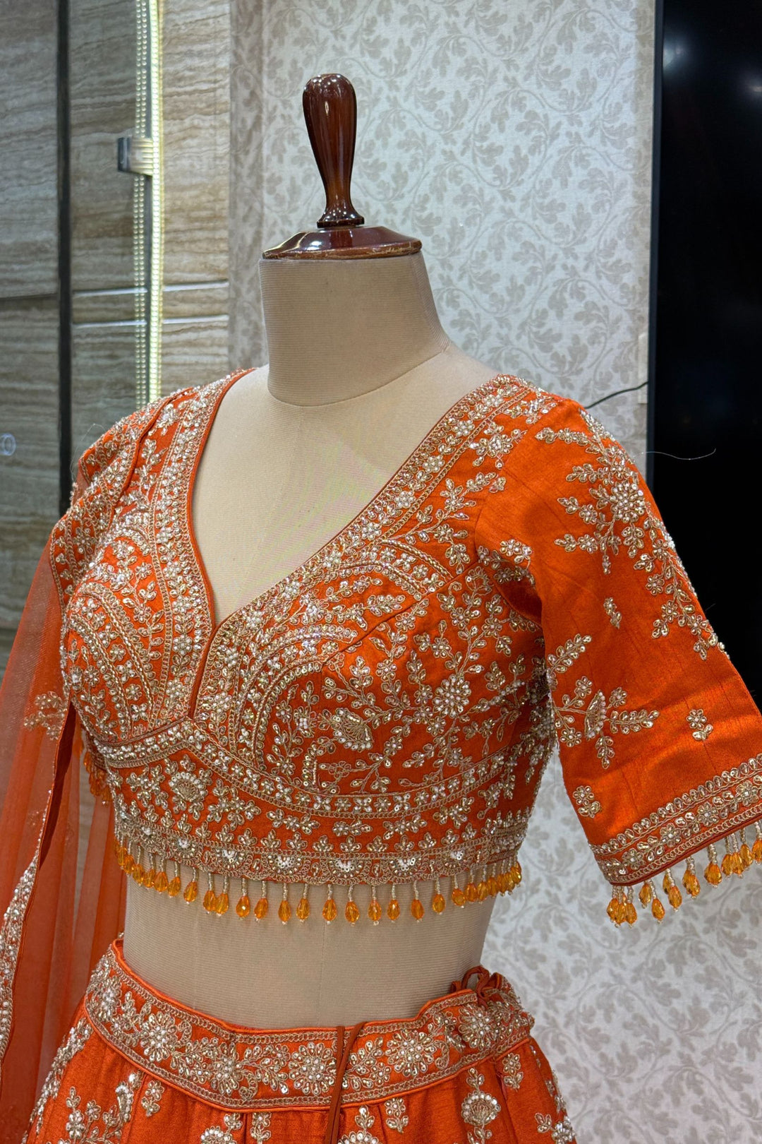 Orange Beads, Zari, Zardozi and Sequins work Crop Top Designer Bridal Lehenga with Belt