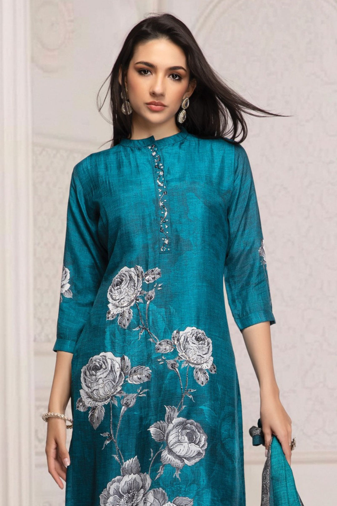 Blue Sequins and Beads work with Floral Print Straight Kurta Set