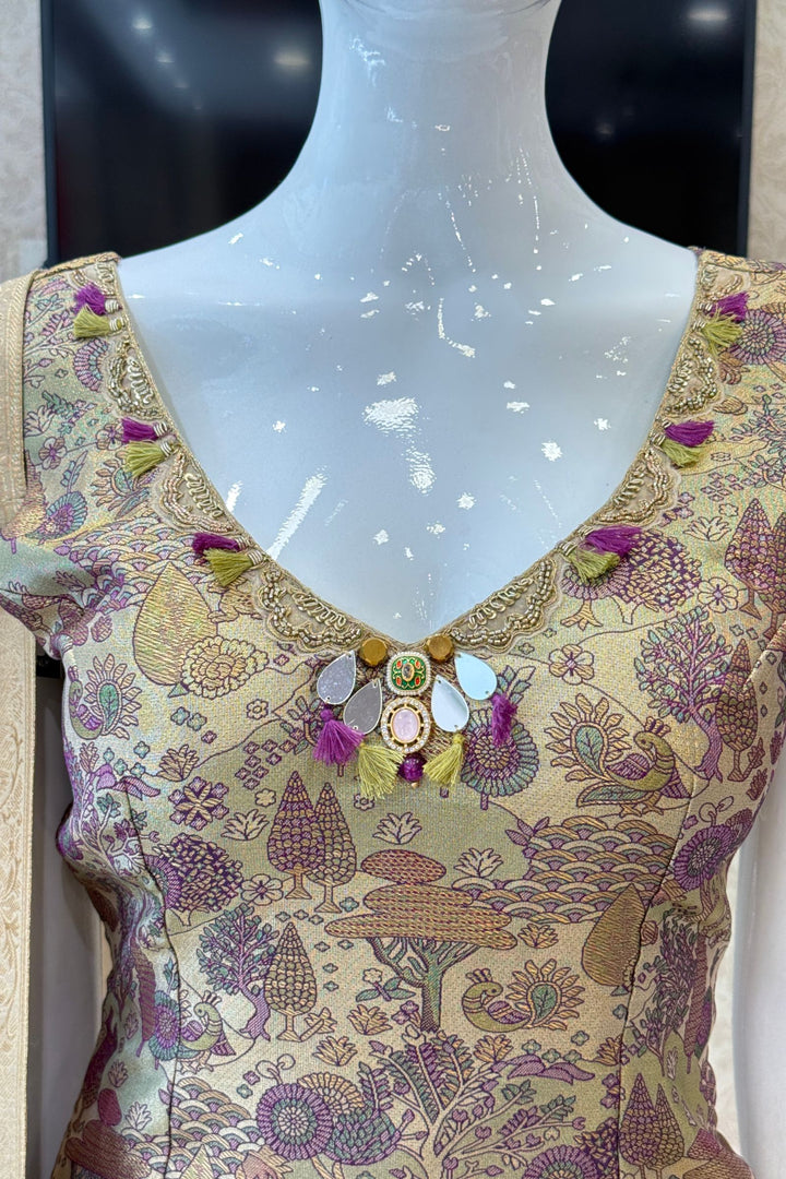 Beige with Purple Banaras work Palazzo Salwar Suit