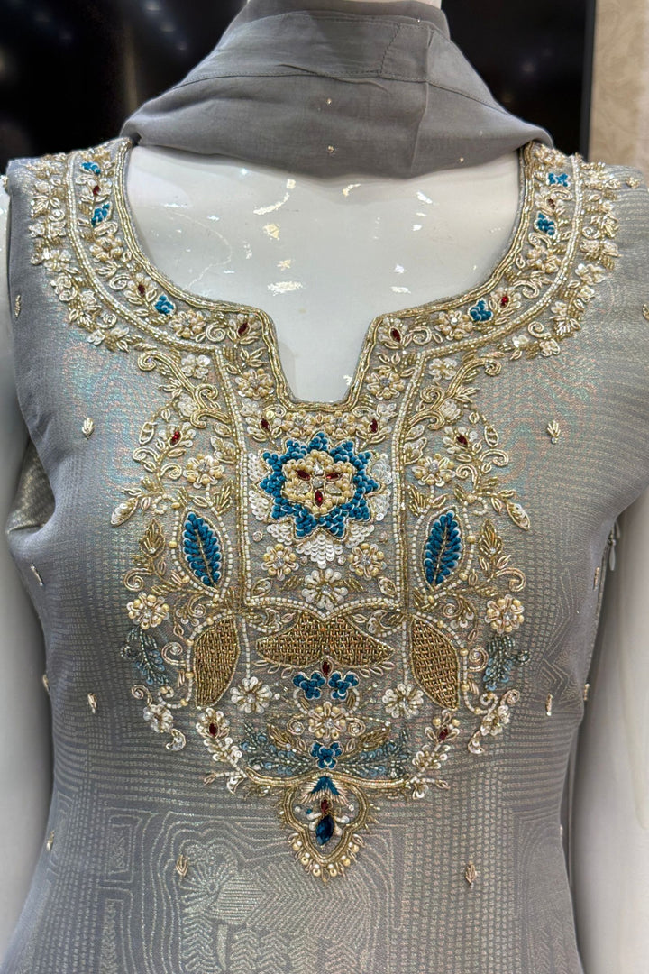 Grey Zardozi, Stone, Sequins, Beads and Thread work Palazzo Salwar Suit
