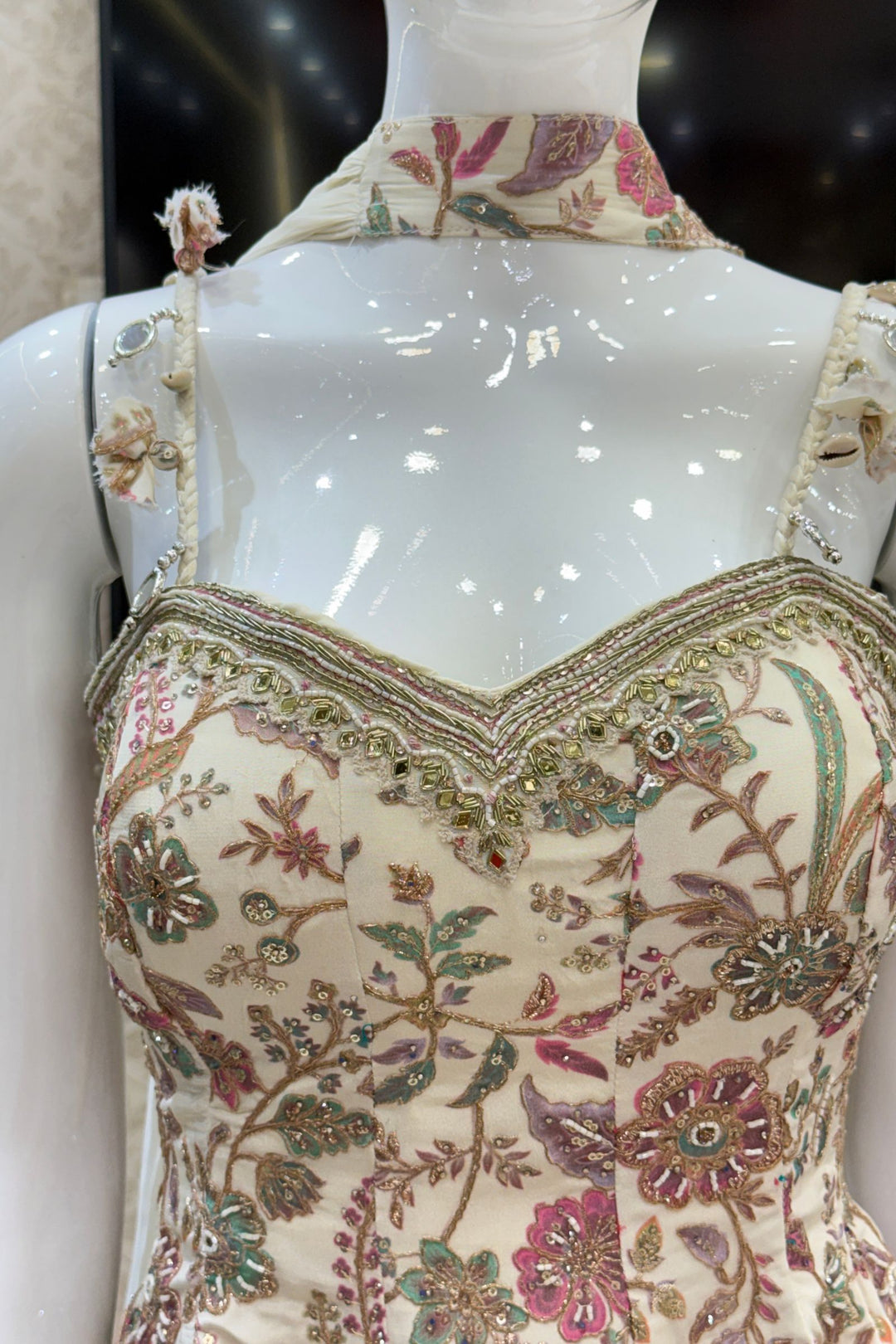 Cream Floral Print Peplum Top and Flared Palazzo Set with Zari and Beads work