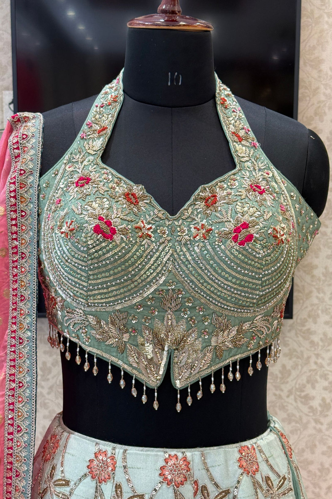 Sea Green Zardozi, Sequins, Beads, Thread and Zari work with Halter Neck Lehenga