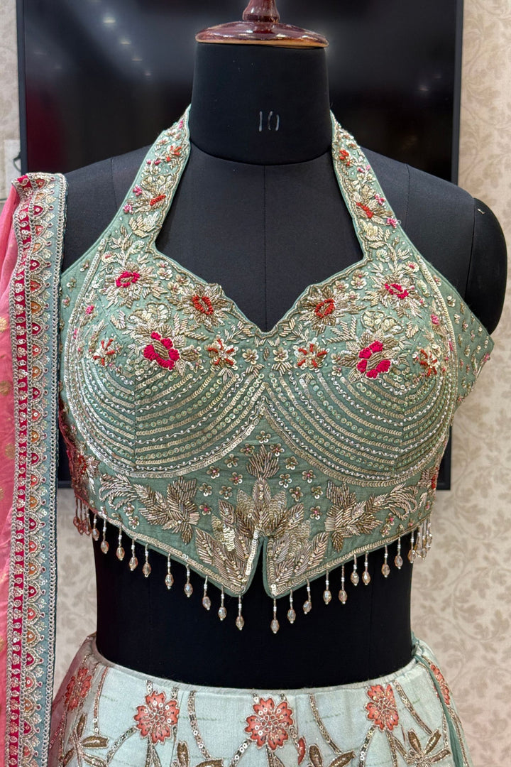 Sea Green Zardozi, Sequins, Beads, Thread and Zari work with Halter Neck Lehenga