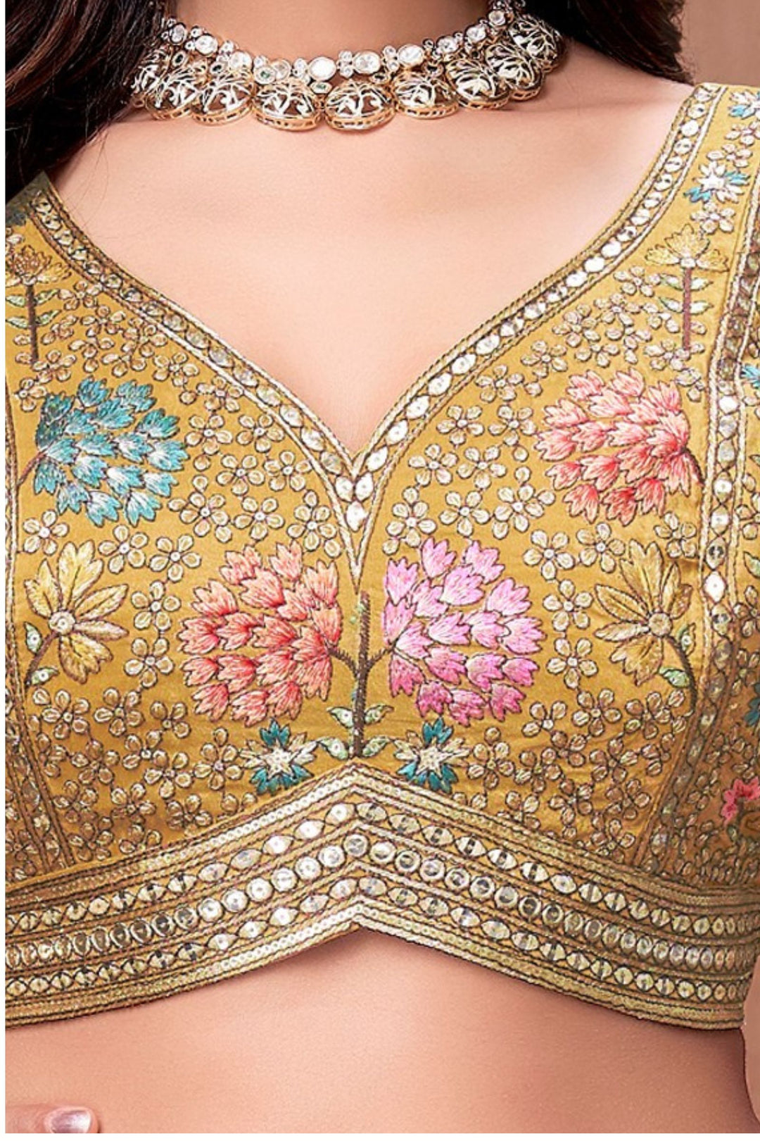 Mustard Multicolor Embroidery, Zari and Sequins work Crop Top Lehenga
