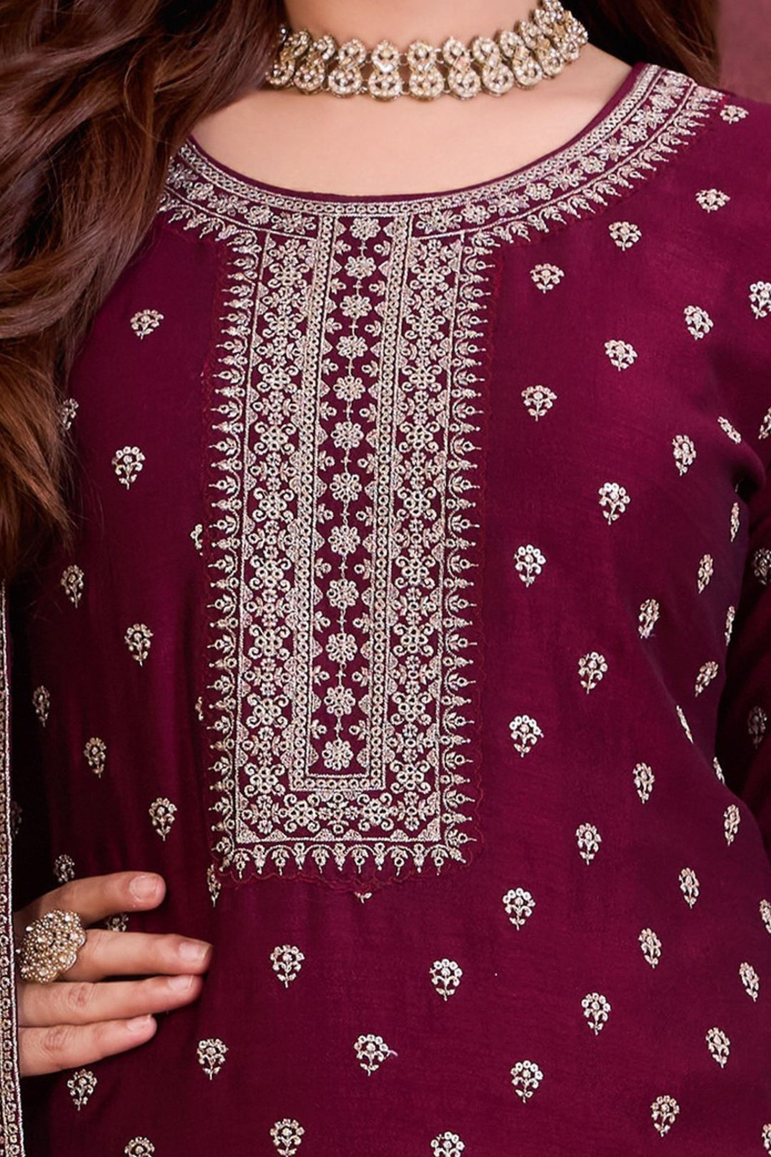 Wine Sequins and Zari work Straight Cut Salwar Suit