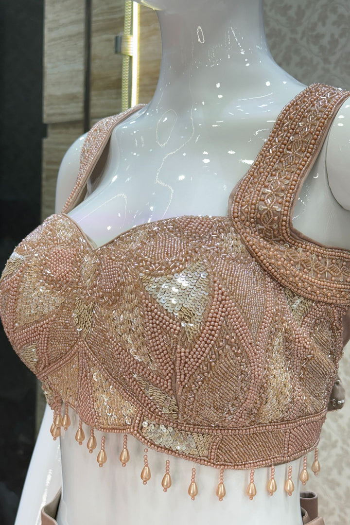 Champagne Gold Beads and Sequins work Indo-Western Styled Readymade Saree