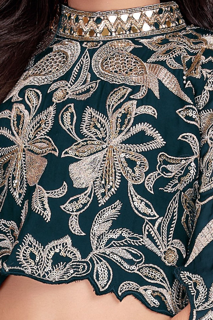 Peacock Blue Zari, Sequins, Beads, Mirror and Stone work Lehenga Choli for Girls