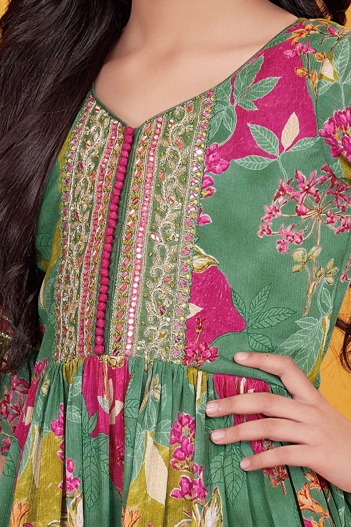 Green Sequins work with Multicolor Digital Print Peplum Top and Palazzo Set For Girls