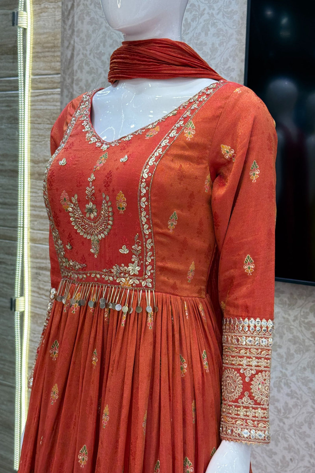 Orange Banaras, Sequins, Zari and Beads work Floor Length Anarkali Suit