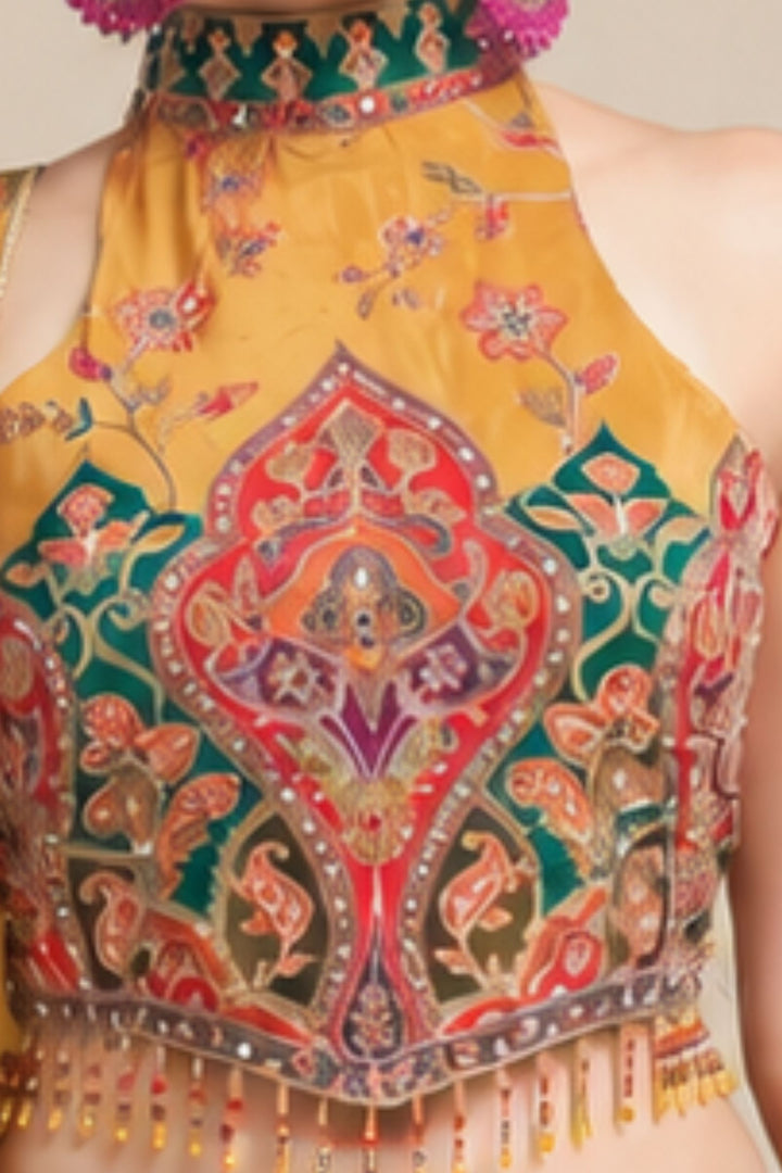 Mustard Stone, Mirror and Zari work with Floral Print Halter Neck Lehenga Set