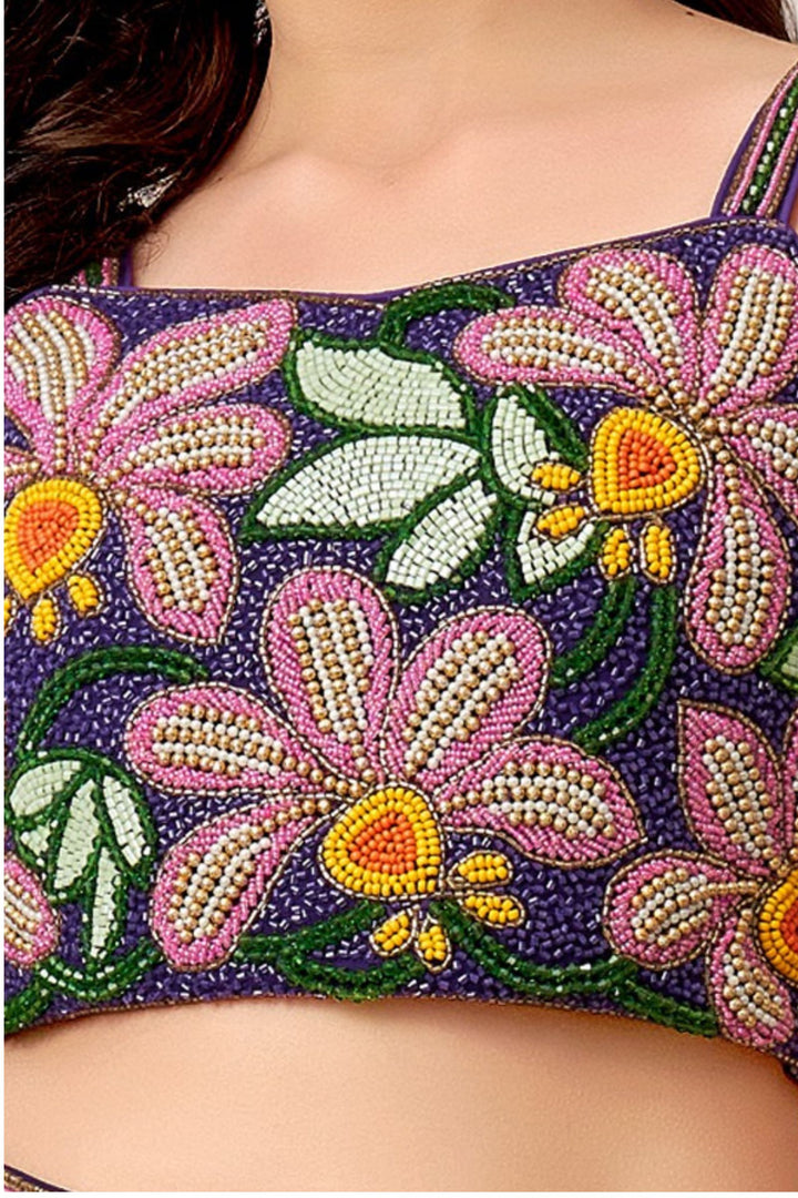 Purple Multicolor Beads work Palazzo Suit Set for Girls
