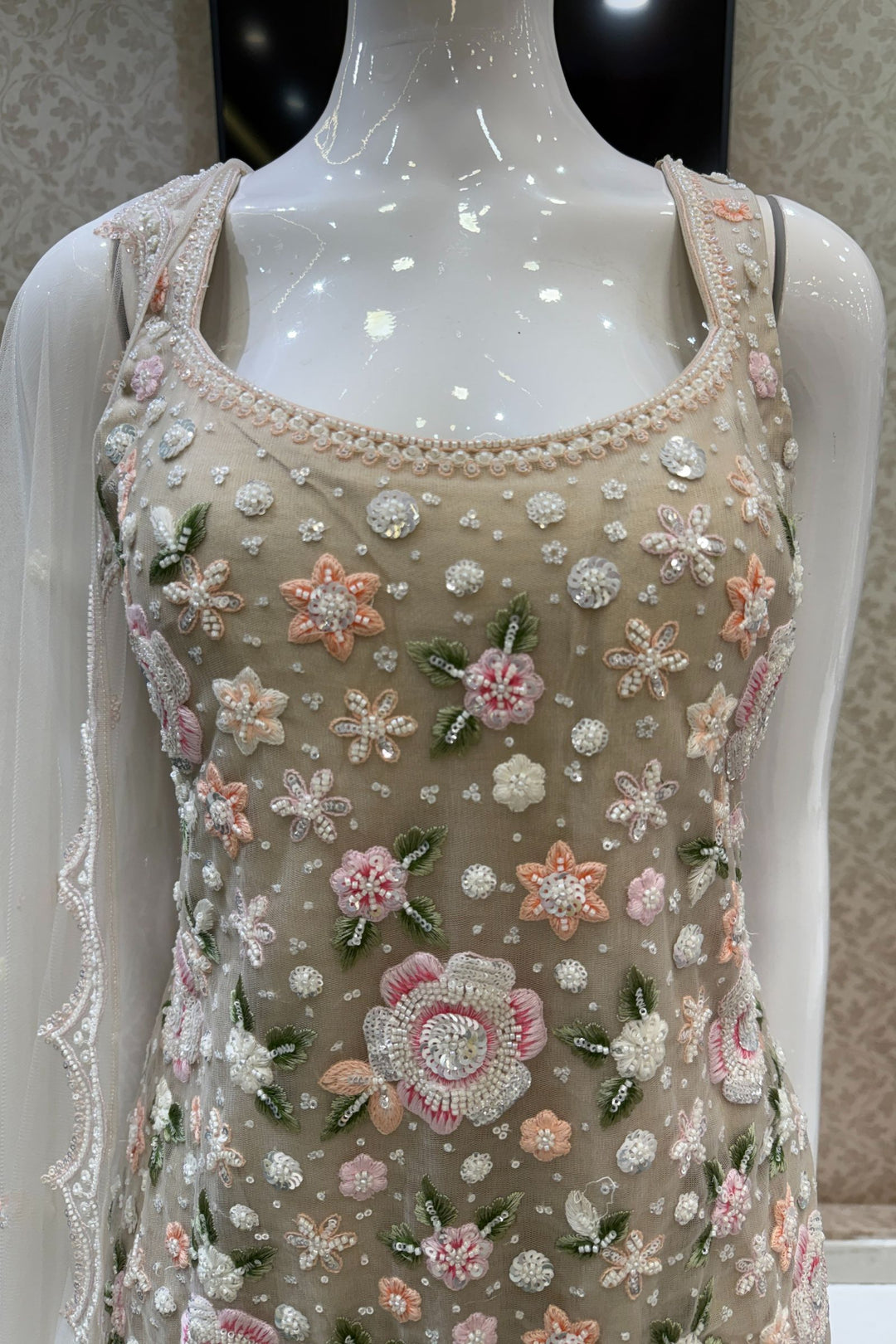 Beige Beads, Sequins and Multicolor Embroidery work Palazzo Salwar Suit