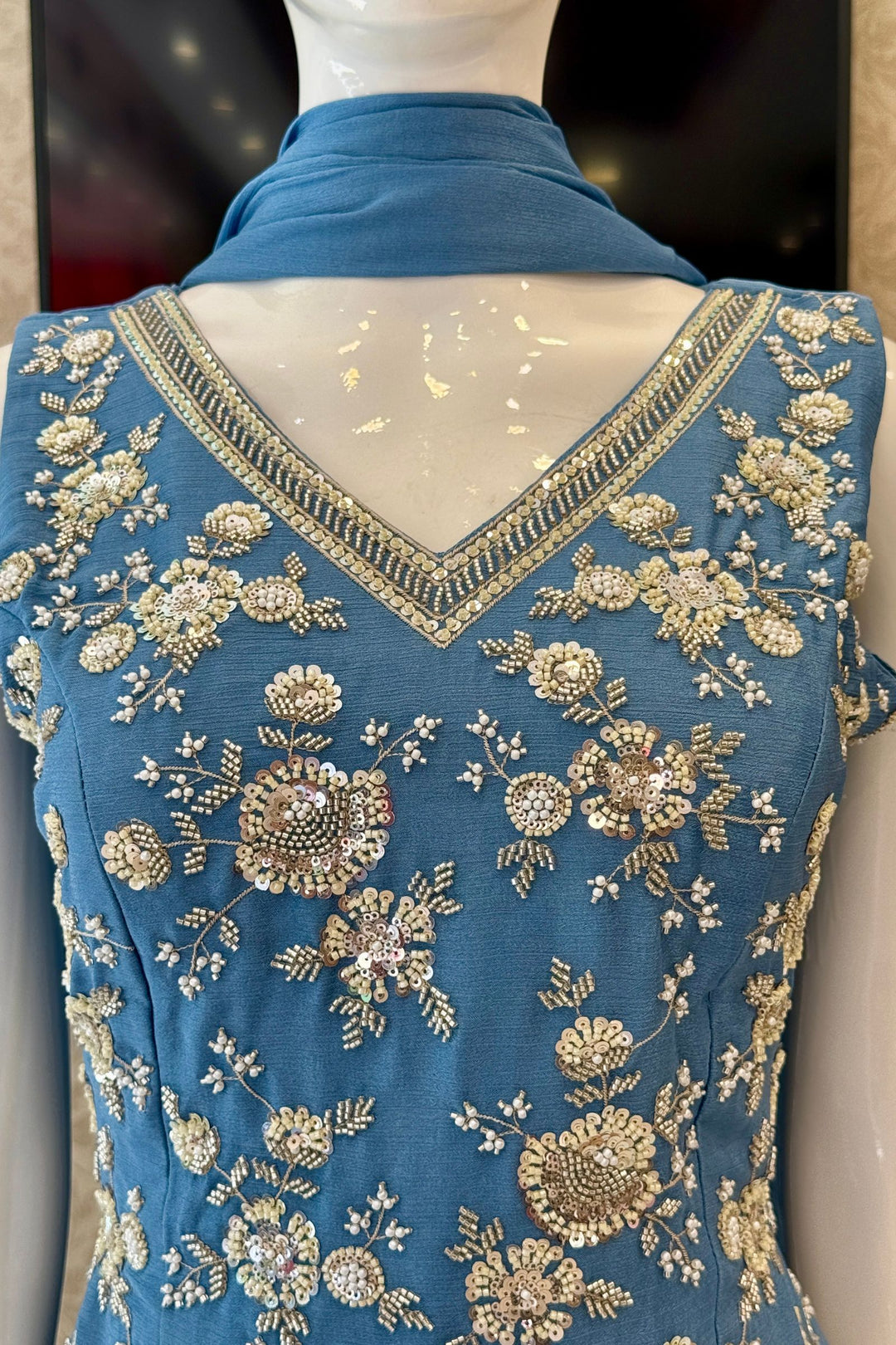 Sea Blue Beads, Zari and Sequins work Palazzo Salwar Suit