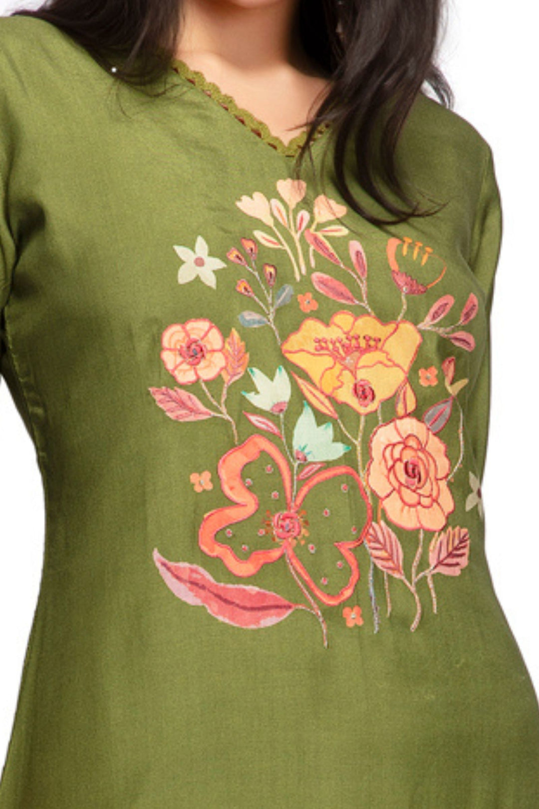 Green Zari and Thread work with Floral Print Calf Length Kurti