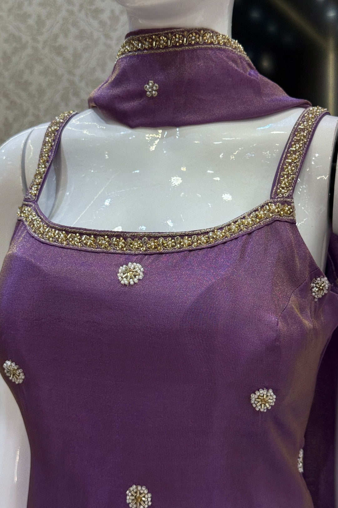 Purple Beads, Sequins and Zari work Palazzo Salwar Suit
