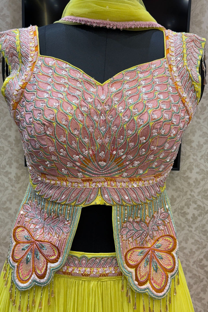 Lemon Yellow Multicolor Embroidery, Sequins and Beads work Crop Top Lehenga