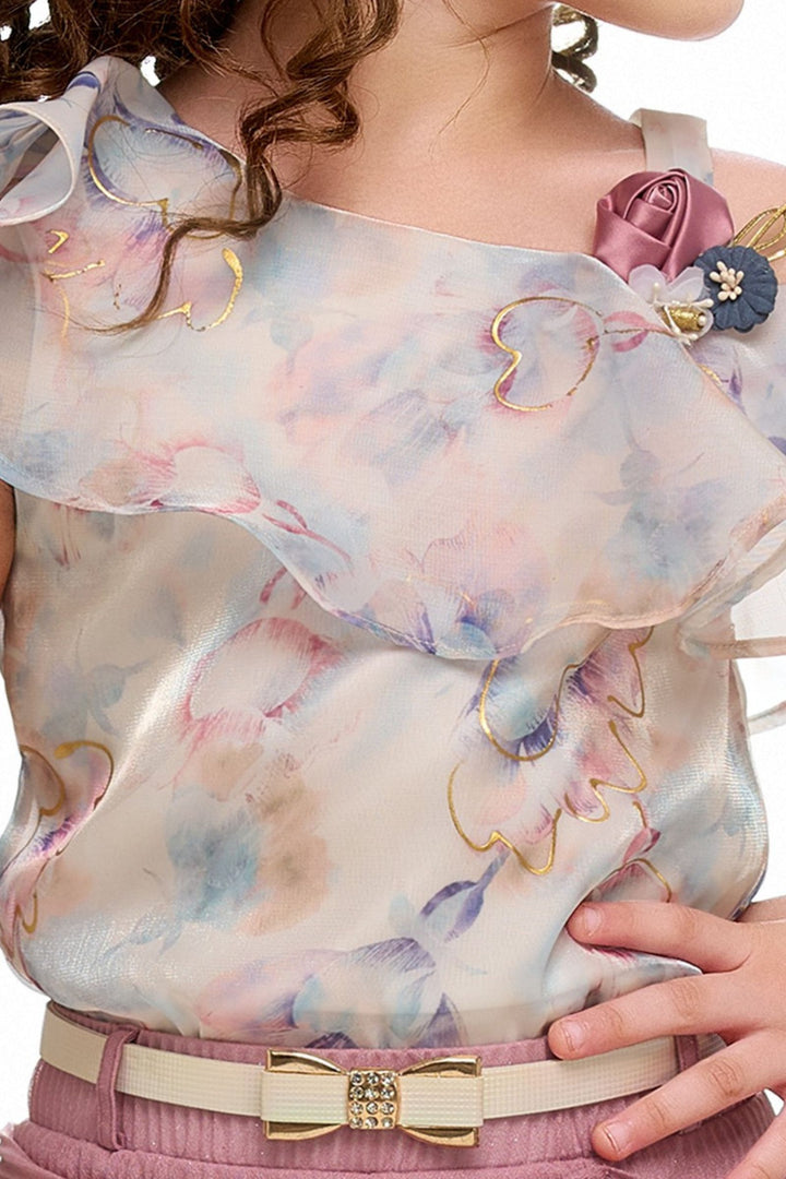 Cream Digital Print with Onion Pink Divider Skirt for Girls