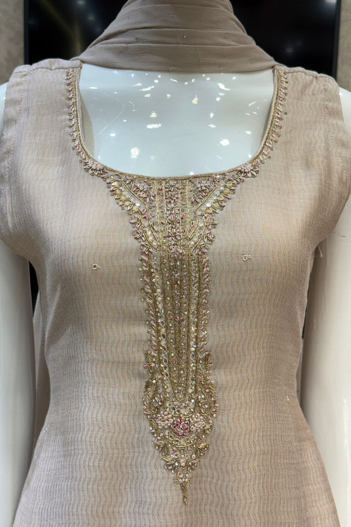Beige Zardozi, Thread, Mirror, Stone and Zari work Straight Cut Salwar Suit