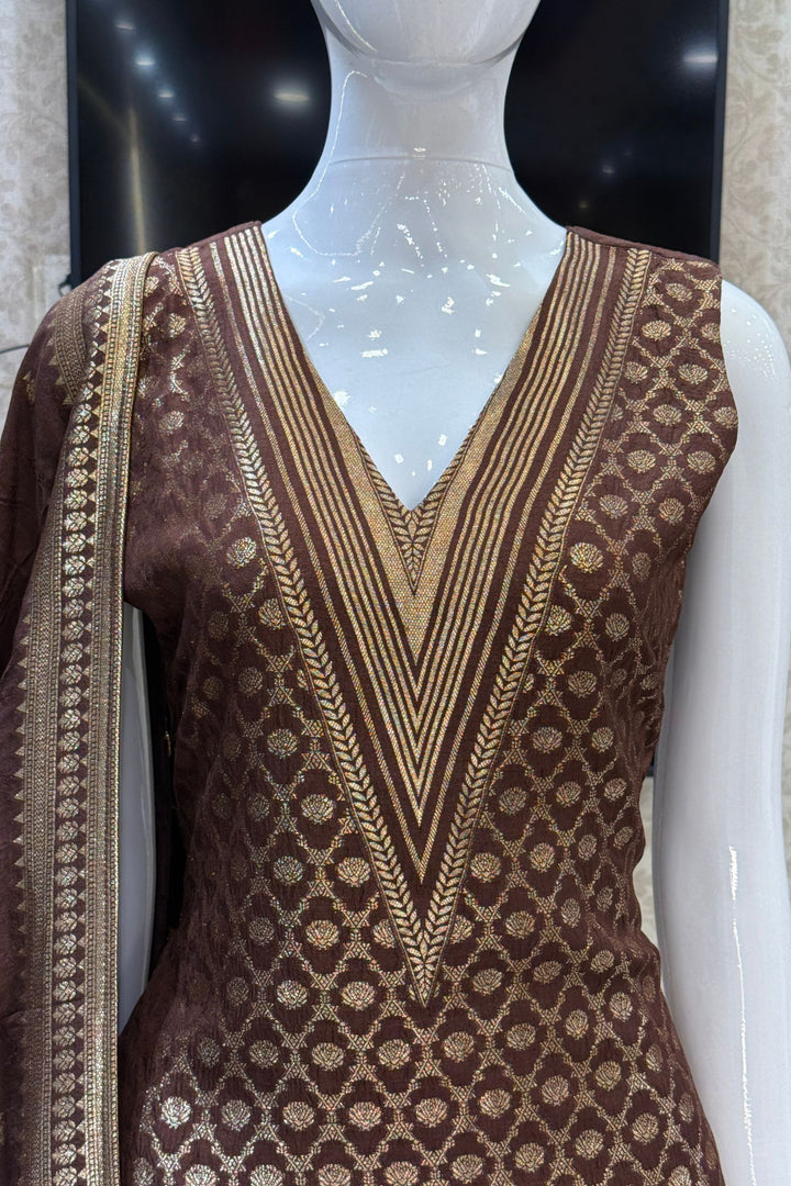Brown Banaras work V-Neck Straight Cut Salwar Suit