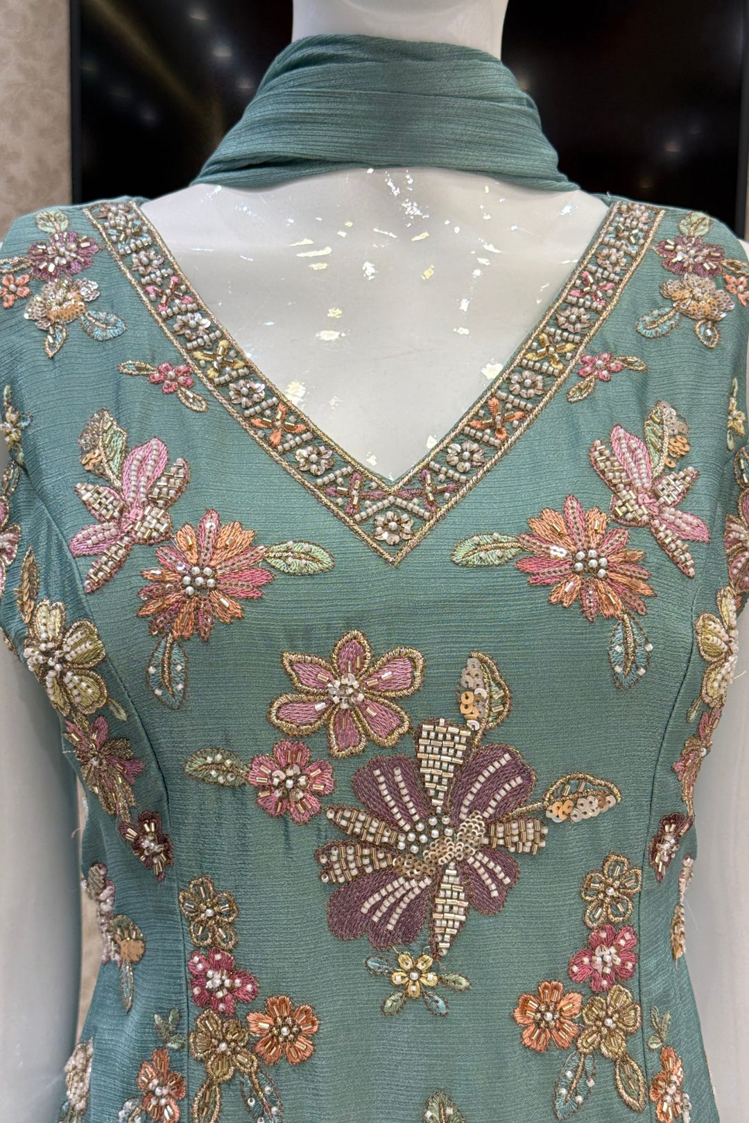 Sea Green Palazzo Set Featuring All-Over Multicolor Embroidery, Beads, Sequins and Zari