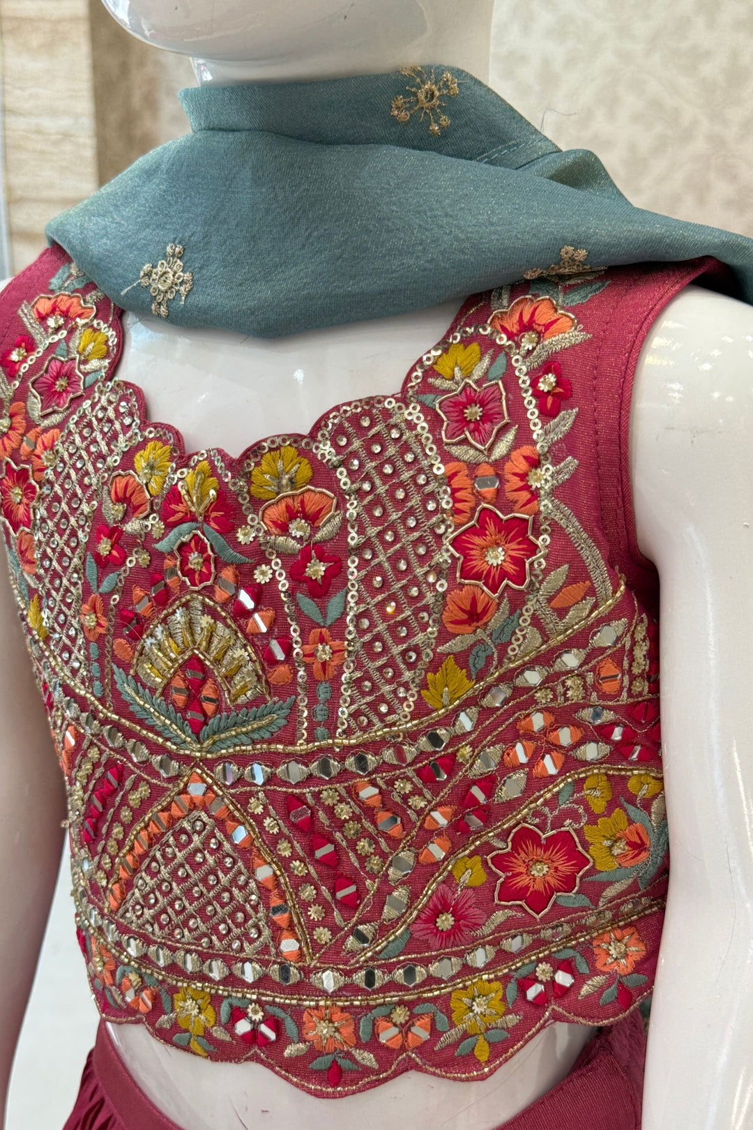 Pinkish Red Mirror, Embroidery, Beads and Sequins work Lehenga Choli for Girls