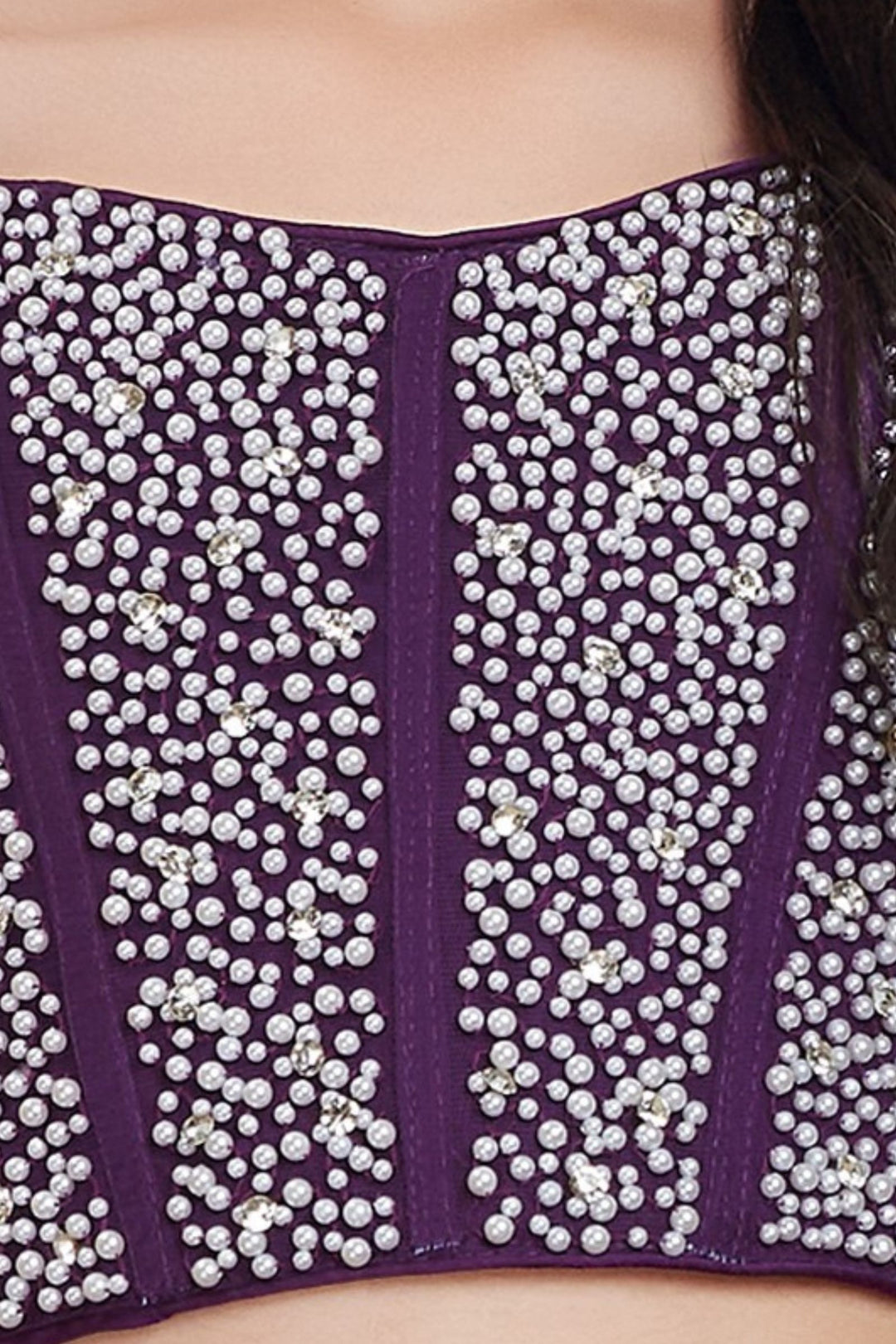 Purple Pearl and Stone work Choli with Cowl Skirt for Girls