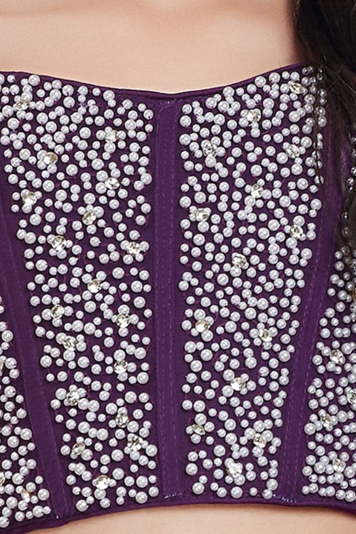 Purple Pearl and Stone work Choli with Cowl Skirt for Girls