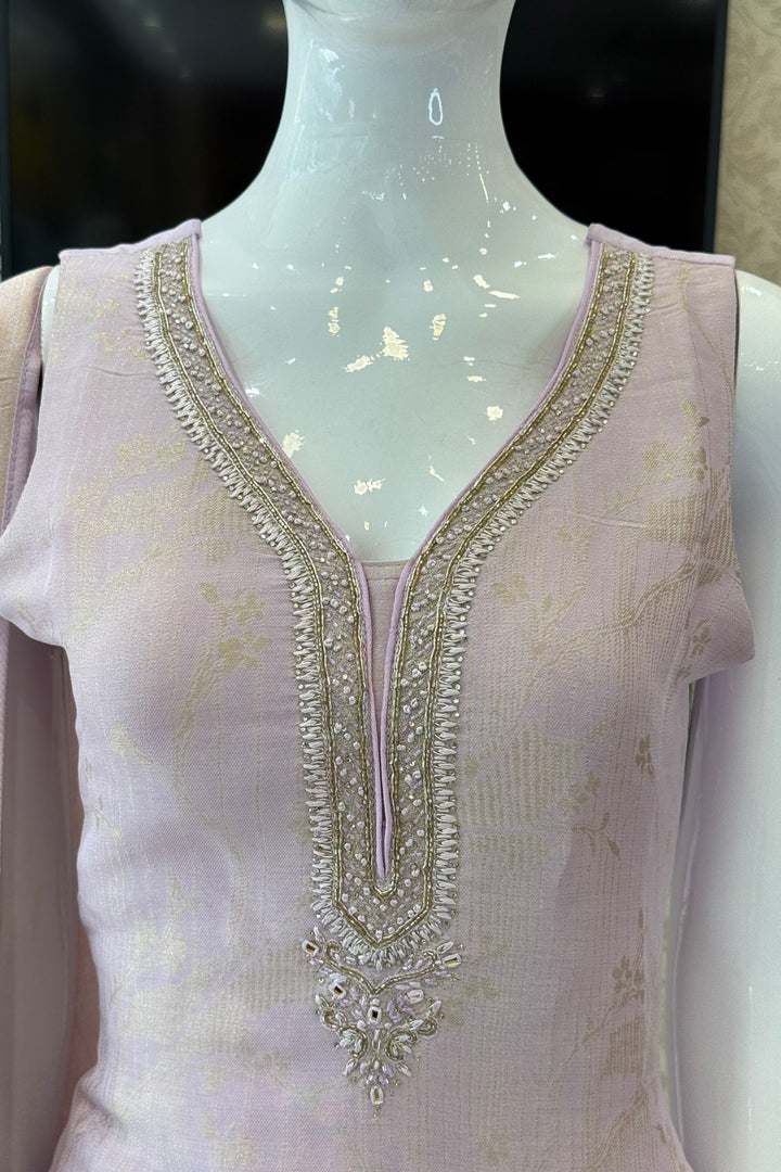 Light Lavender Banaras, Beads, Zardozi, Stone and Mirror work Straight Cut Salwar Suit