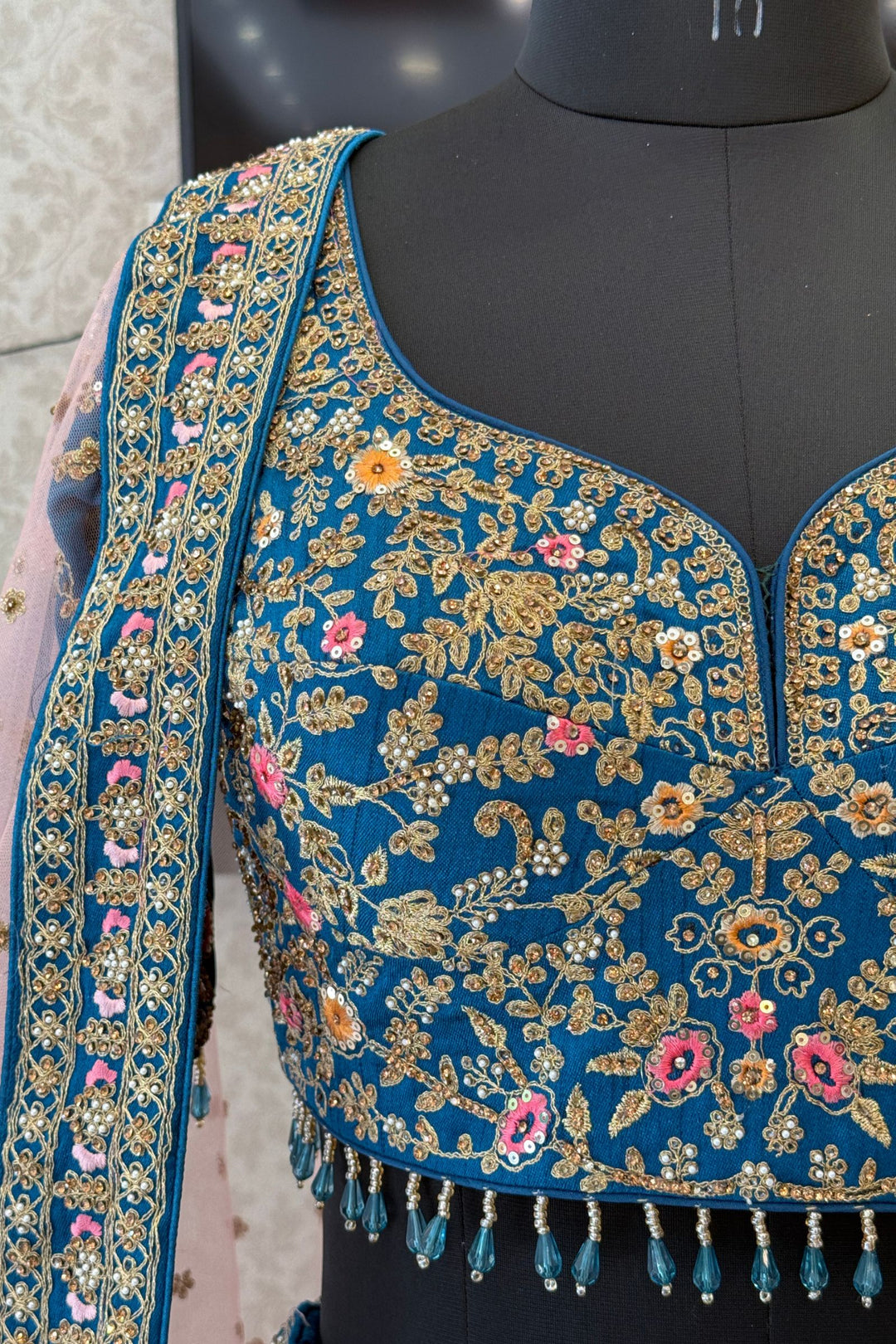 Rama Blue Bridal Lehenga with Pink Dupatta and Stone, Pearl and Zari work work