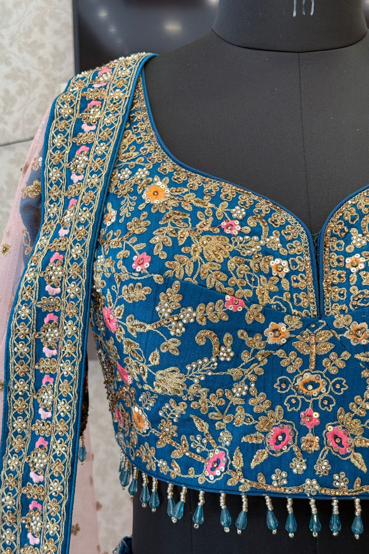 Rama Blue Bridal Lehenga with Pink Dupatta and Stone, Pearl and Zari work work