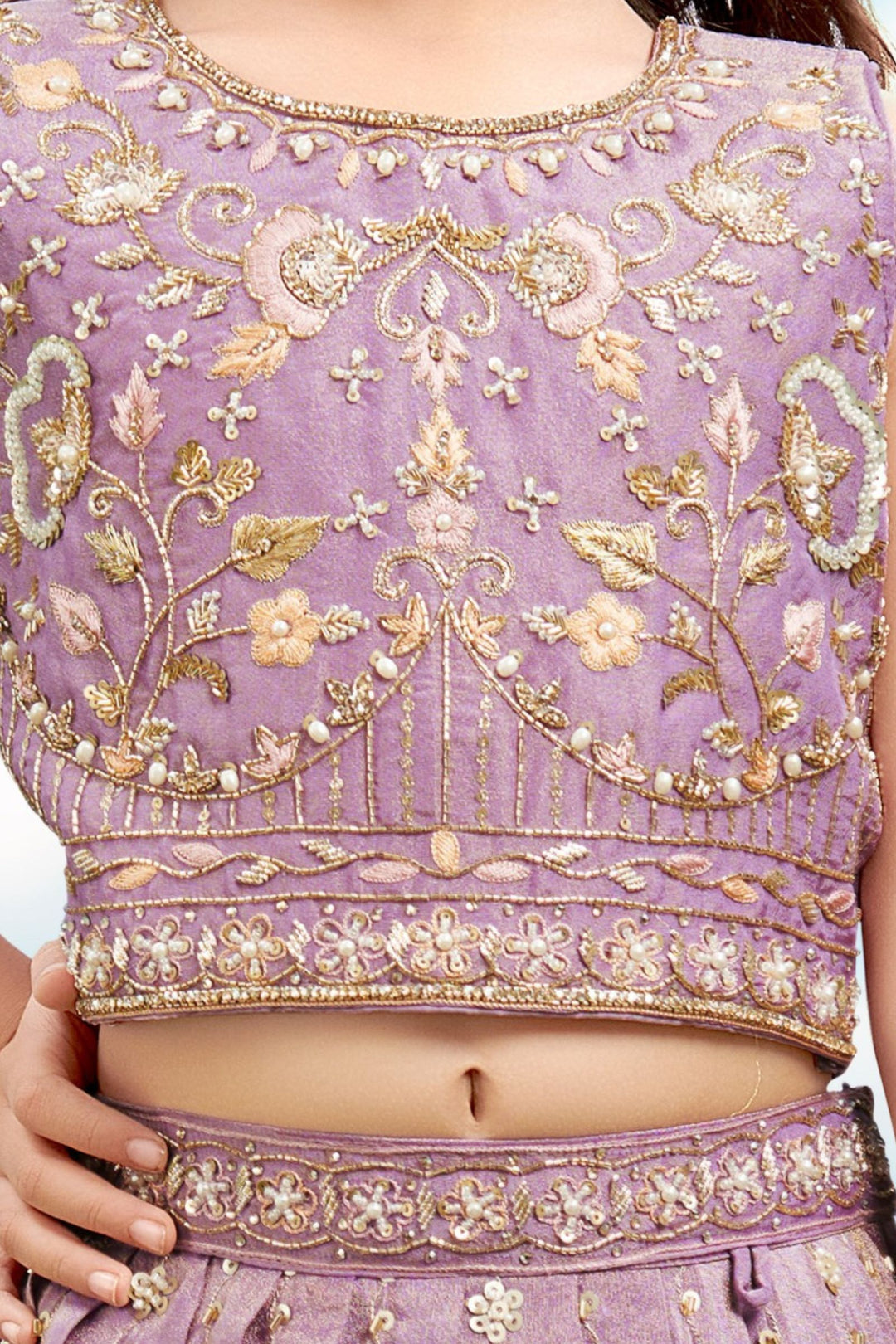 Light Purple Beads, Zari, Sequins and Stone work Lehenga Choli for Girls