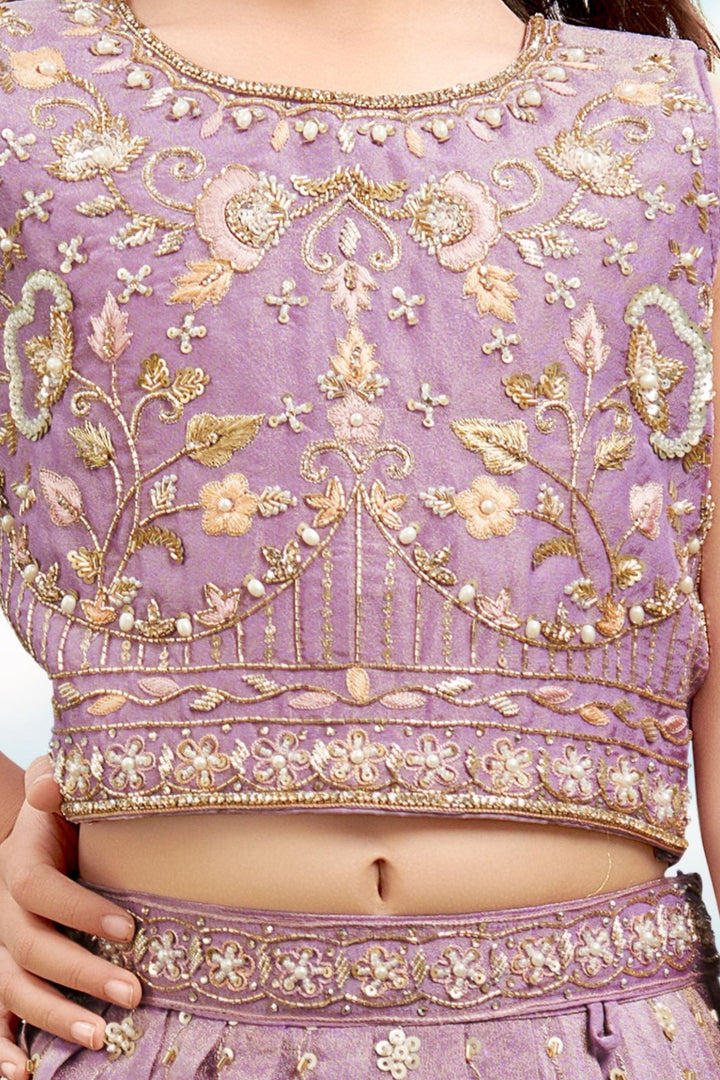 Light Purple Beads, Zari, Sequins and Stone work Lehenga Choli for Girls